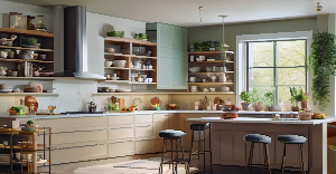A modern kitchen with an island, open shelving, and large windows, decorated in soft earthy tones and pastel colors.