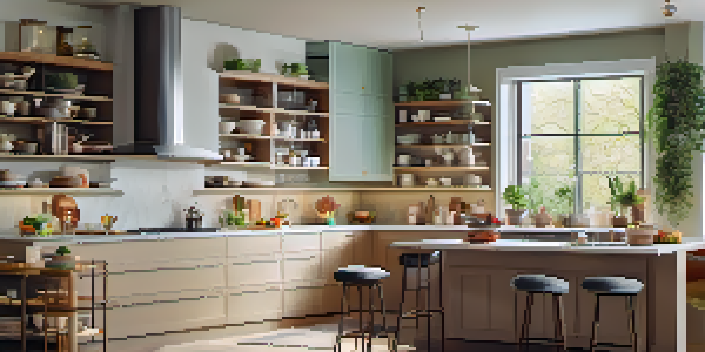 A modern kitchen with an island, open shelving, and large windows, decorated in soft earthy tones and pastel colors.