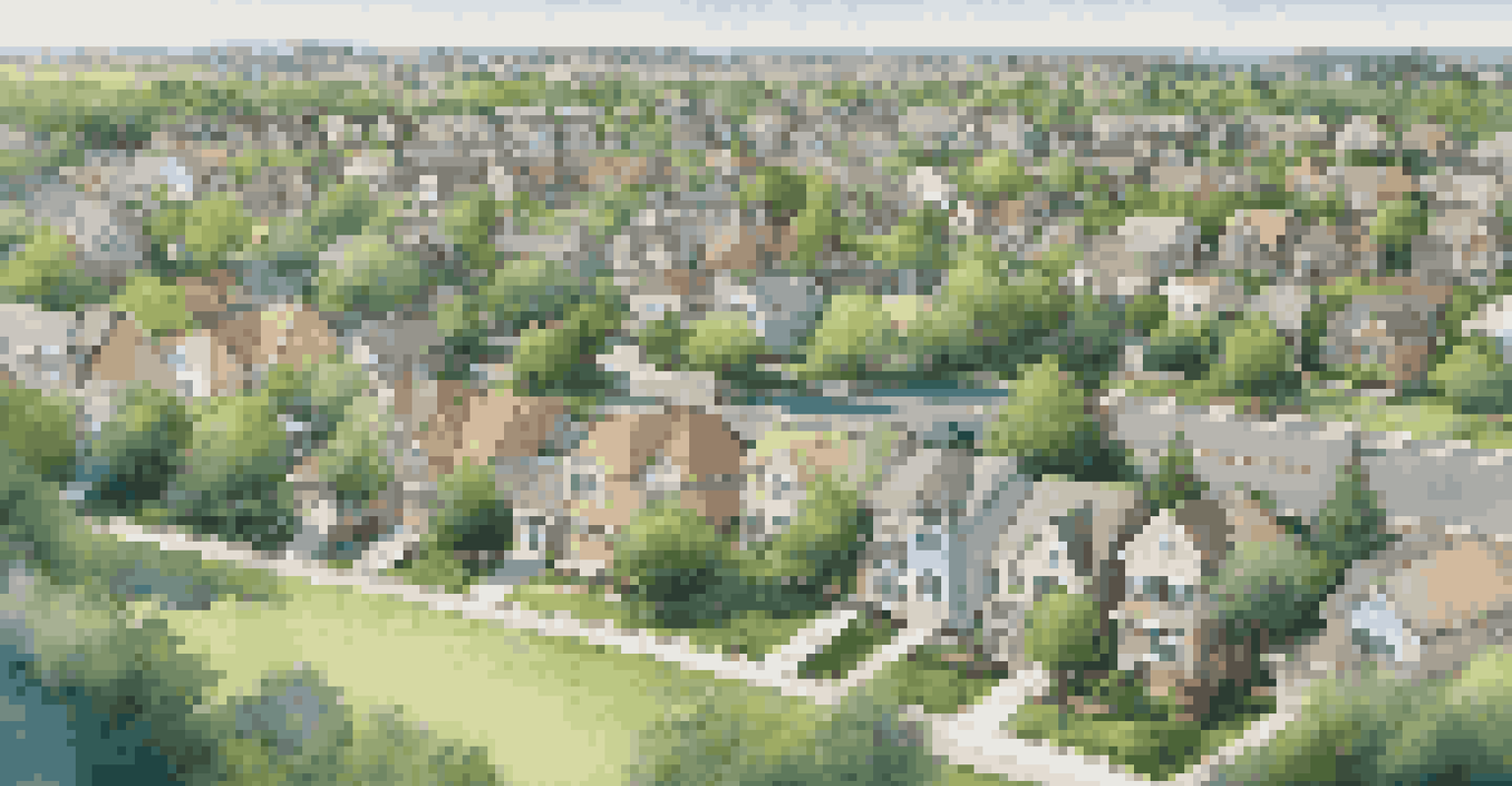 An aerial view of a suburban community featuring homes, parks, and a nearby school and shopping center, surrounded by lush greenery and a blue sky.