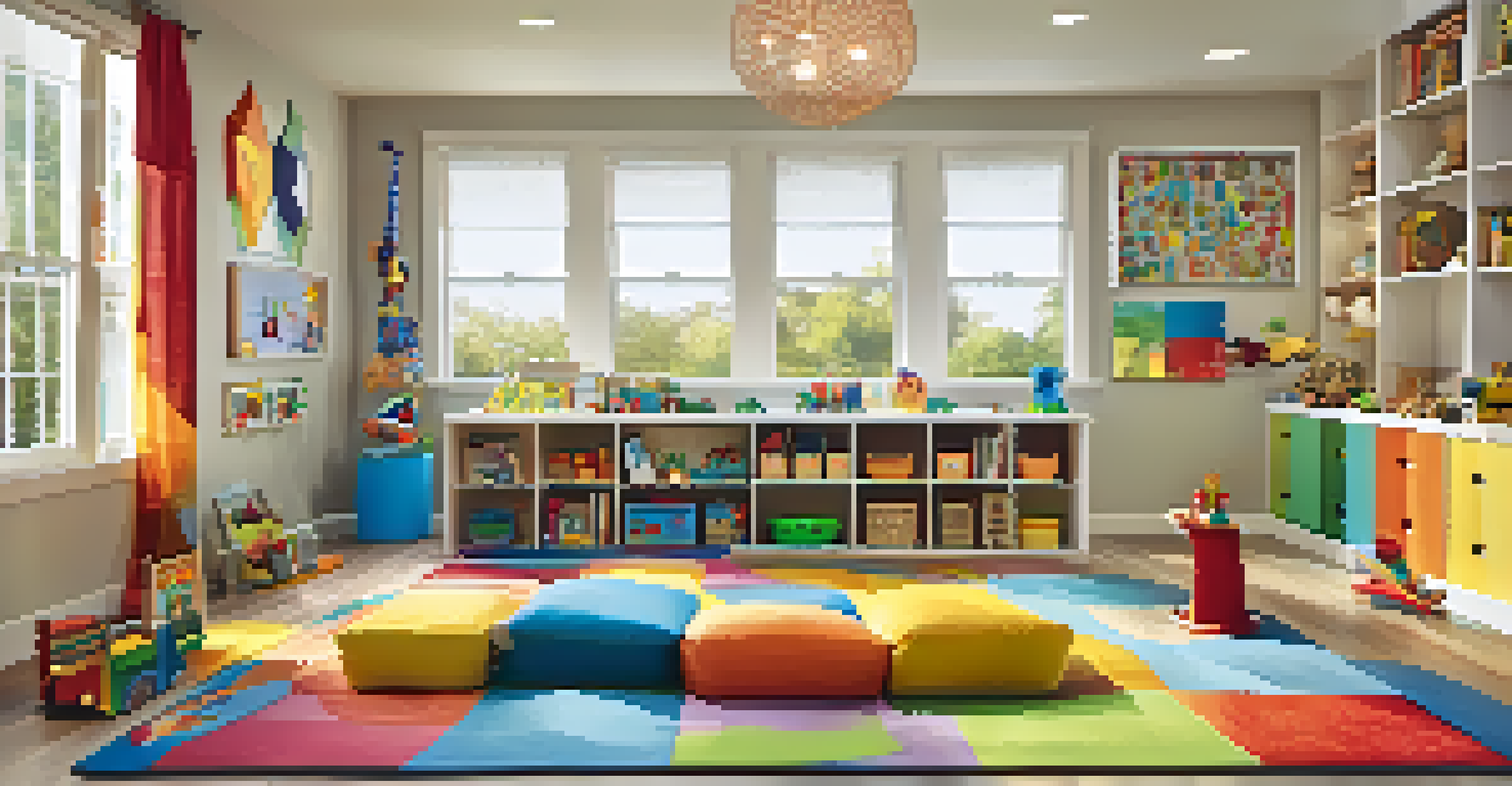 A vibrant children's play area with a colorful rug, wall-mounted shelves filled with toys, and bright wall art.