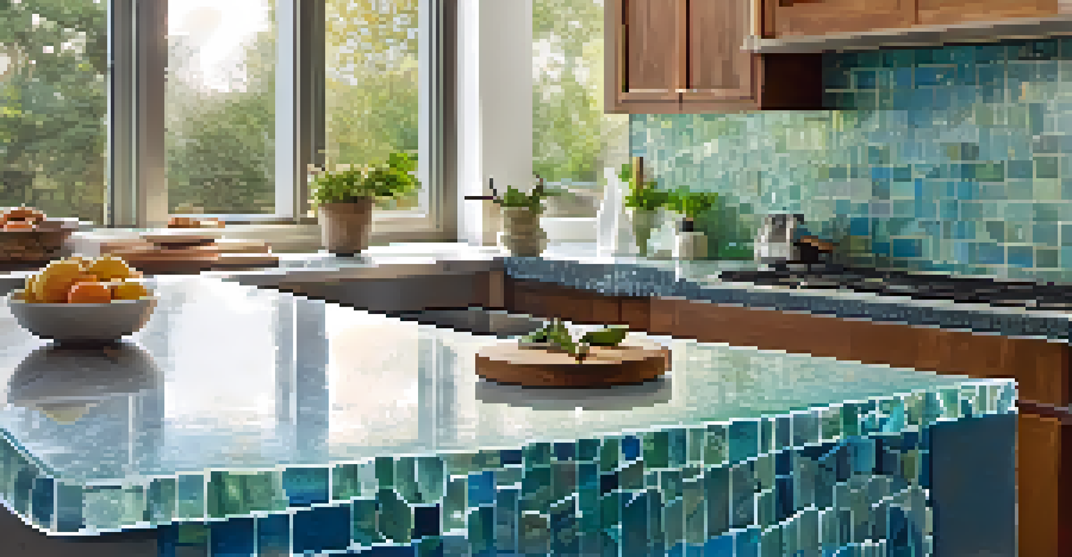 A kitchen countertop made from recycled glass with energy-efficient appliances and sunlight streaming in.