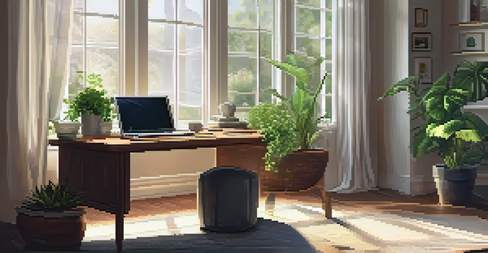 A warm and inviting home office with a desk, laptop, coffee cup, and natural light coming through a window.