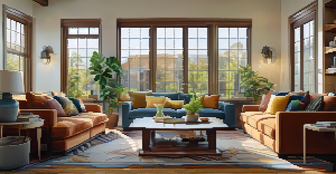 A warm and inviting living room with a comfortable sofa, colorful cushions, and soft lighting from a window.
