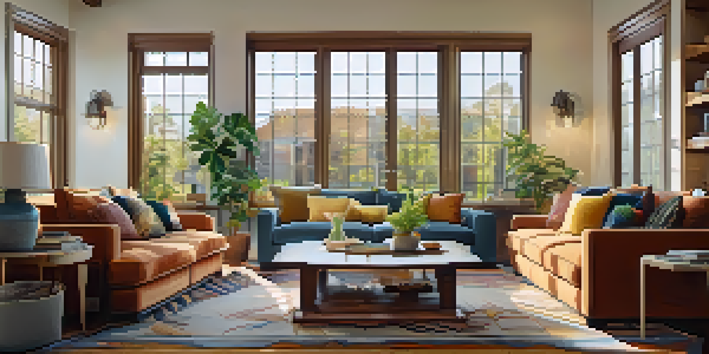 A warm and inviting living room with a comfortable sofa, colorful cushions, and soft lighting from a window.