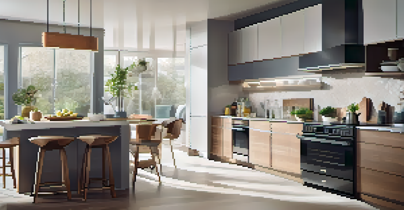 A modern kitchen showcasing smart home technology with a smart thermostat and sleek appliances.
