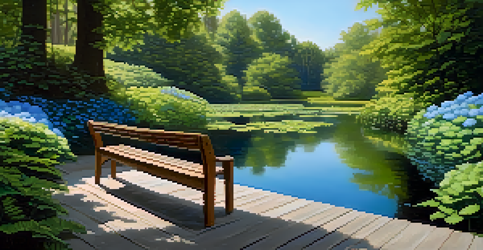 A peaceful pond area surrounded by blue and green plants, with dappled sunlight and a wooden bench for relaxation.