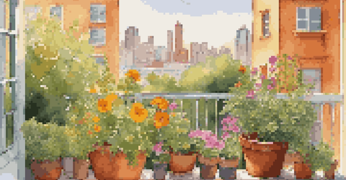 A small urban balcony garden with colorful flowers and herbs in terracotta pots, illuminated by golden sunlight with a city skyline in the background.