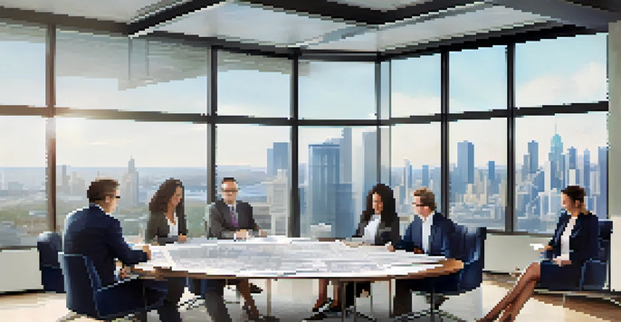 A group of diverse investors seated at a table, reviewing blueprints and financial documents for a real estate project, with city views outside the windows.