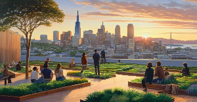A cityscape of San Francisco at sunset with green roofs on skyscrapers and a lively park in the foreground.