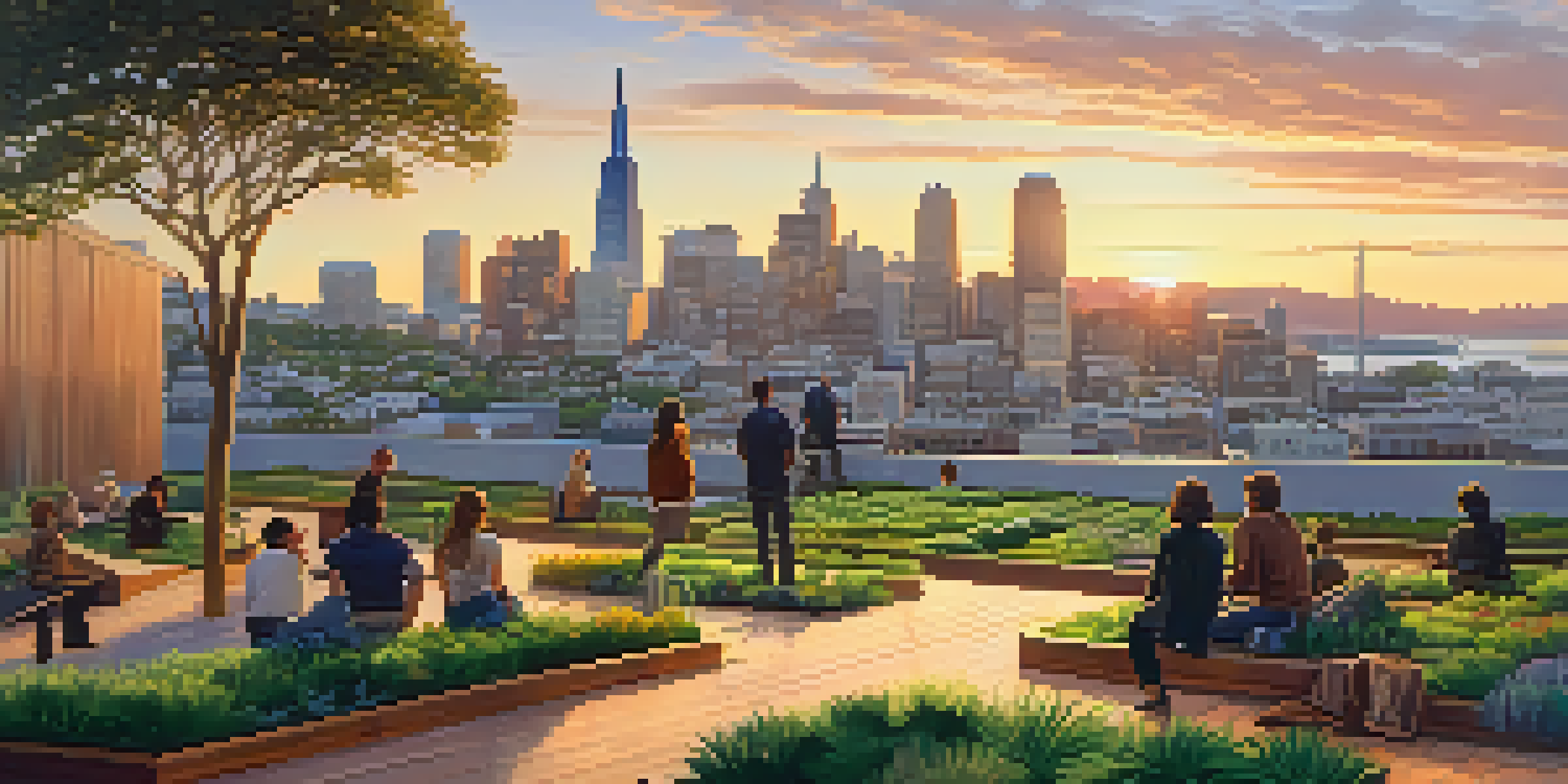A cityscape of San Francisco at sunset with green roofs on skyscrapers and a lively park in the foreground.