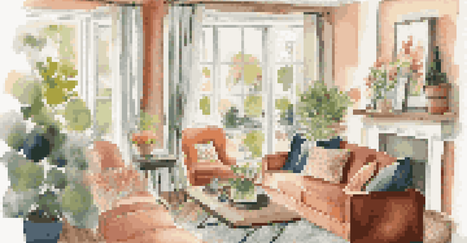 A couple enjoying coffee in a bright living room filled with family photos and a view of the garden.
