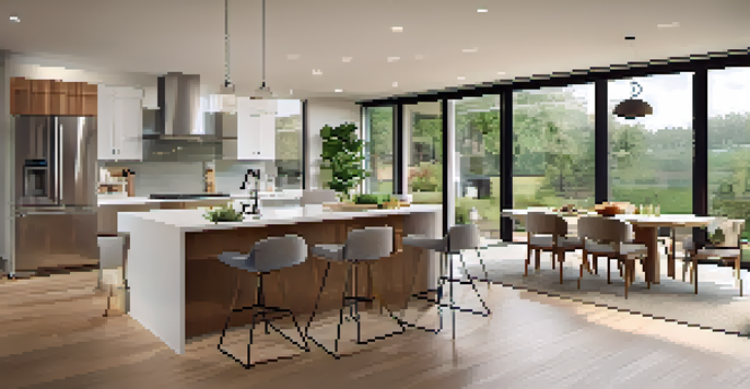 A bright and modern open floor plan showcasing the kitchen, dining, and living areas, with natural light and warm accents.