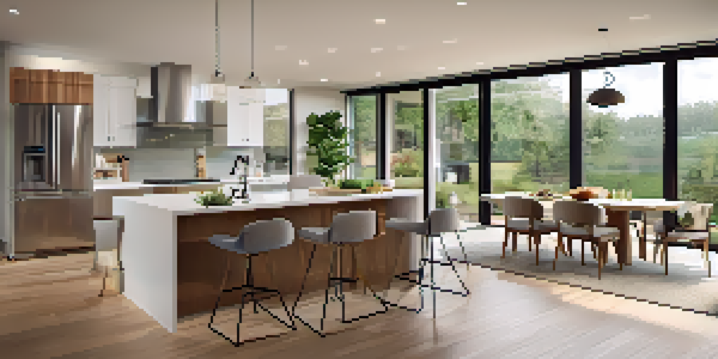 A bright and modern open floor plan showcasing the kitchen, dining, and living areas, with natural light and warm accents.