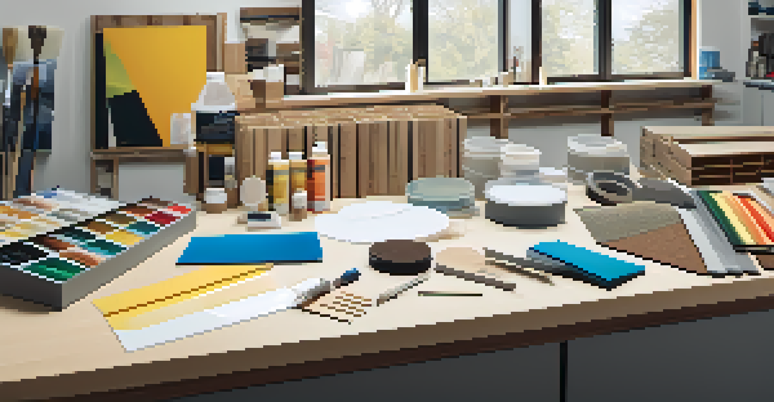A workshop filled with various renovation materials like laminate countertops and vinyl flooring samples, well-lit by natural light.