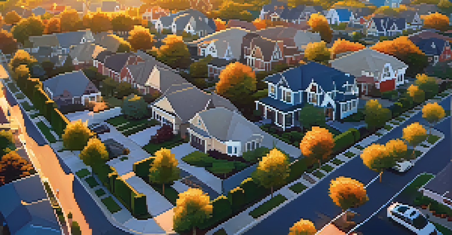 An aerial view of a colorful neighborhood at sunset, showcasing a variety of homes and tree-lined streets illuminated by warm sunset colors.