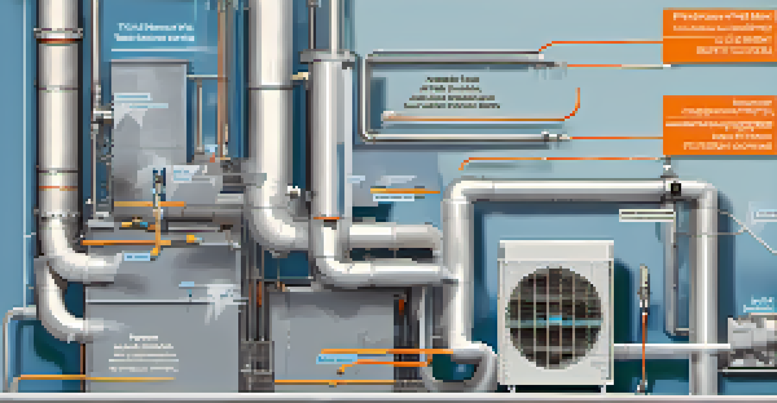 An educational infographic showing the labeled components of an HVAC system on a light blue background.