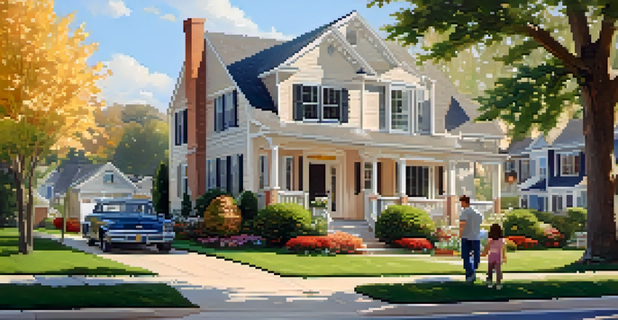 A peaceful suburban neighborhood with houses and flower gardens, with a couple discussing their home purchase.
