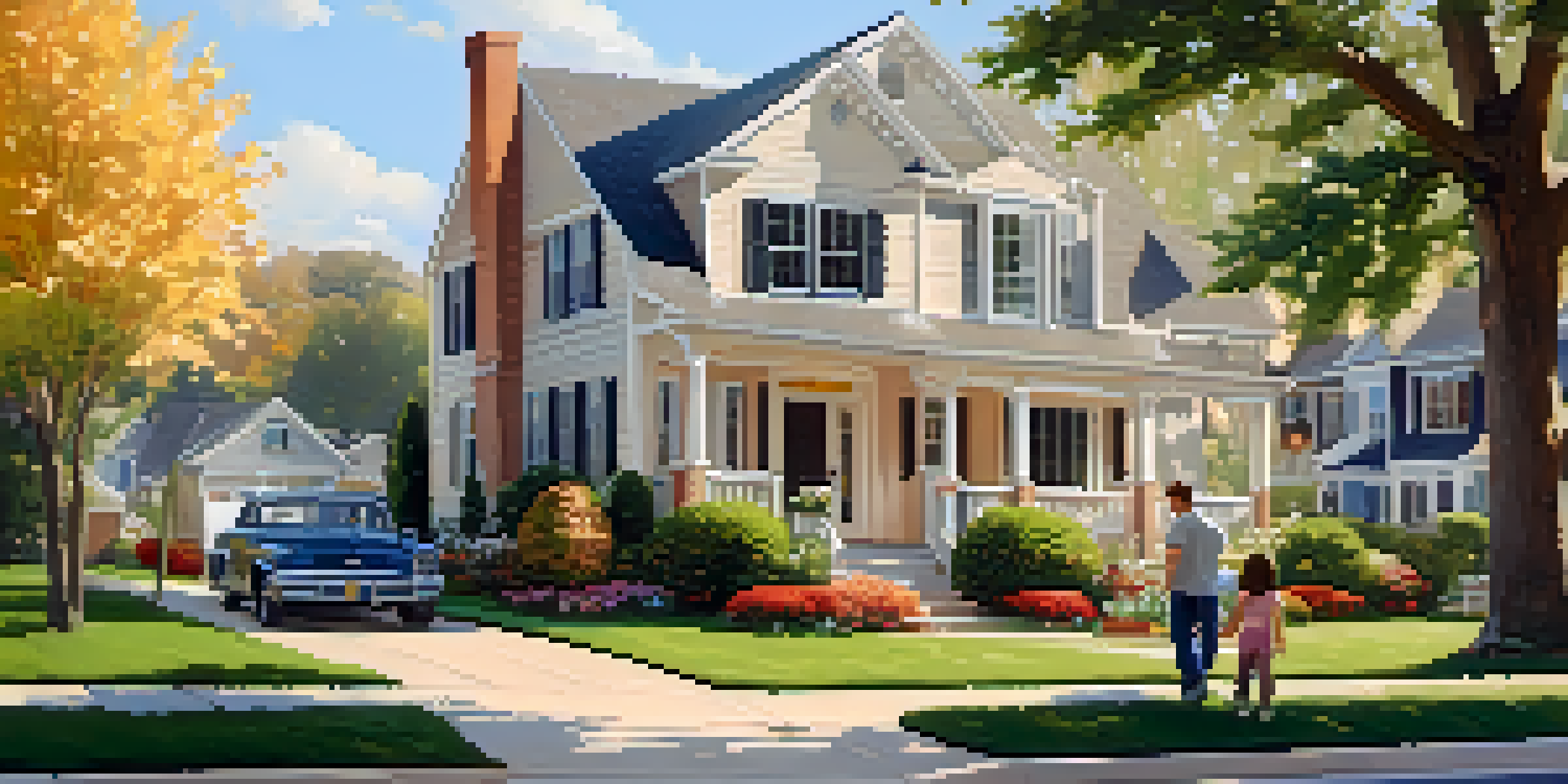 A peaceful suburban neighborhood with houses and flower gardens, with a couple discussing their home purchase.
