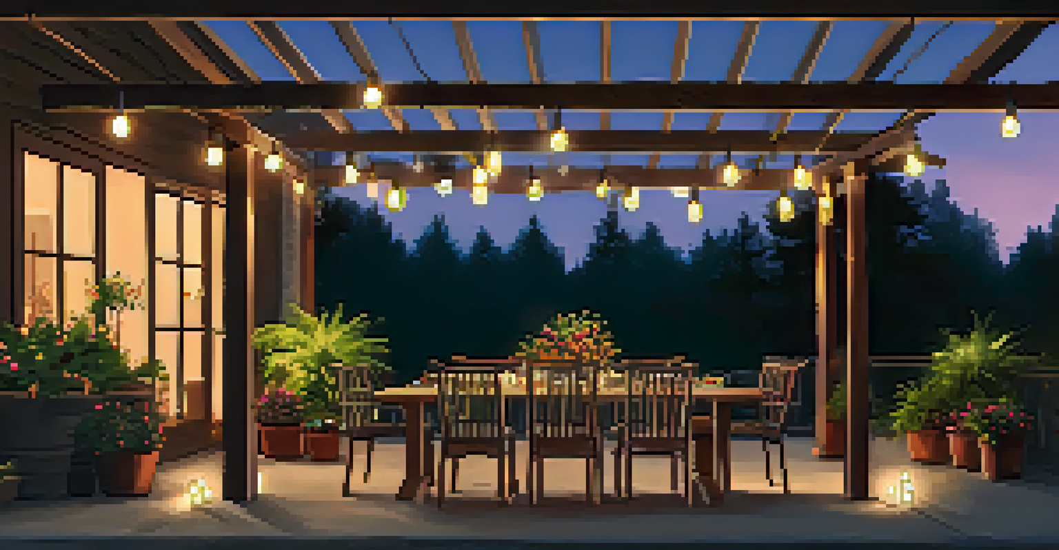 An outdoor patio with string LED lights, a dinner table, and a twilight sky.