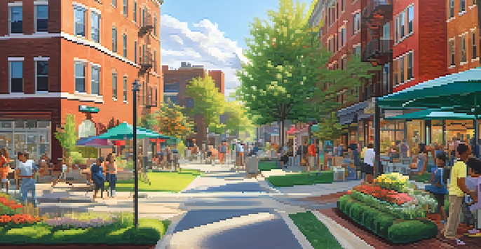 A colorful urban neighborhood with murals, gardens, and diverse people enjoying outdoor activities under warm sunlight.