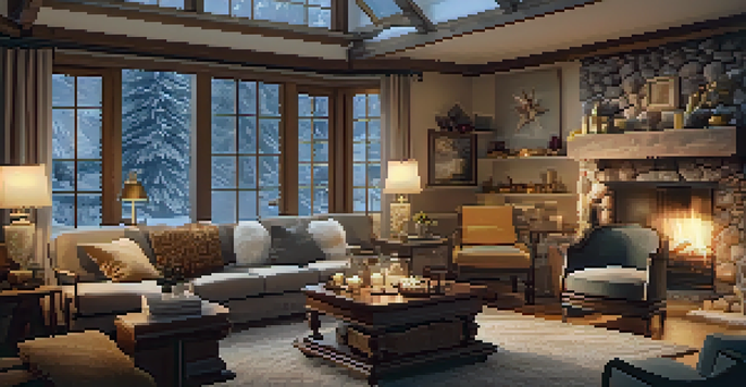A warm and cozy living room in winter with a fireplace, armchairs, and snow falling outside the windows.