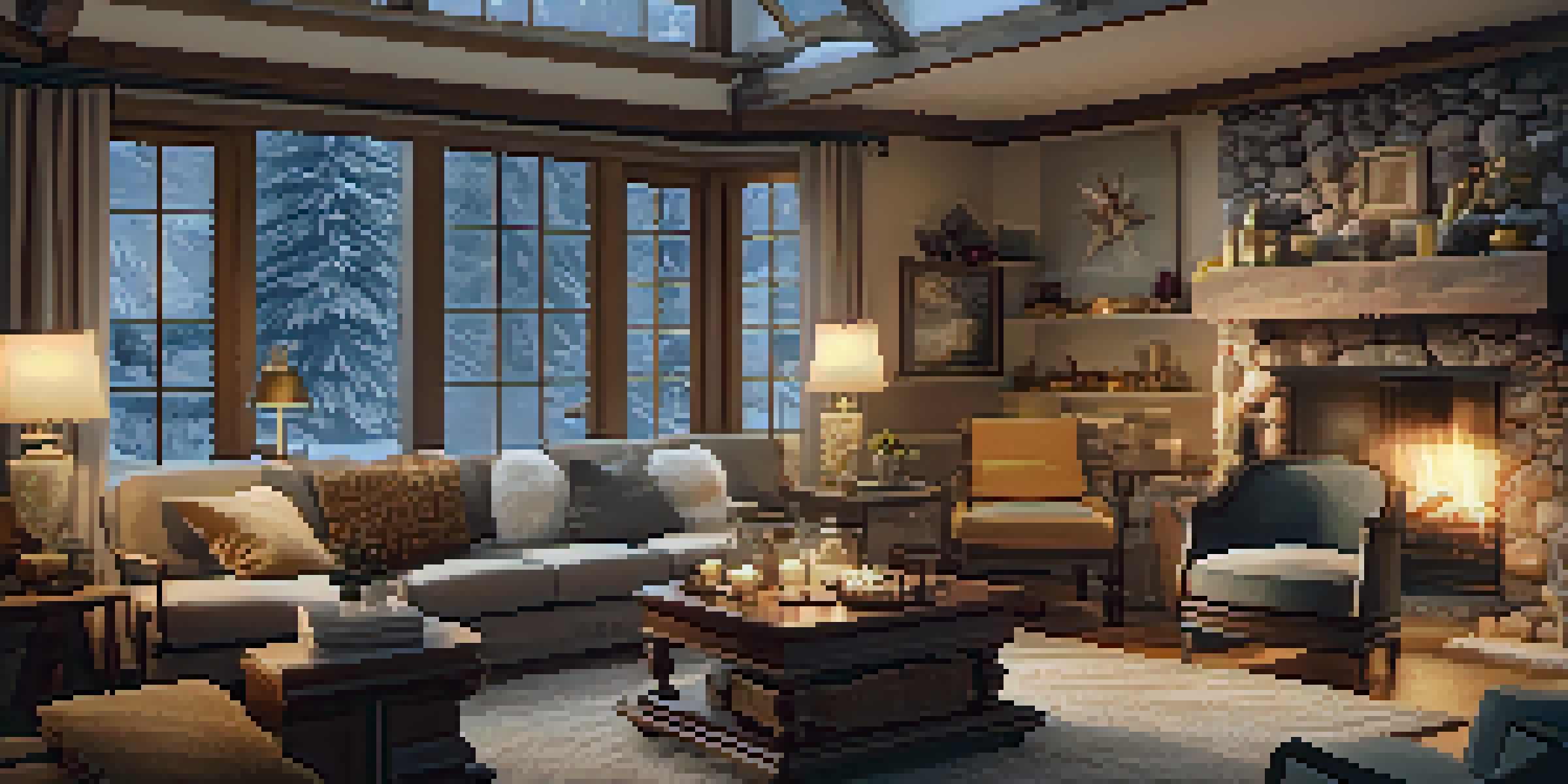 A warm and cozy living room in winter with a fireplace, armchairs, and snow falling outside the windows.