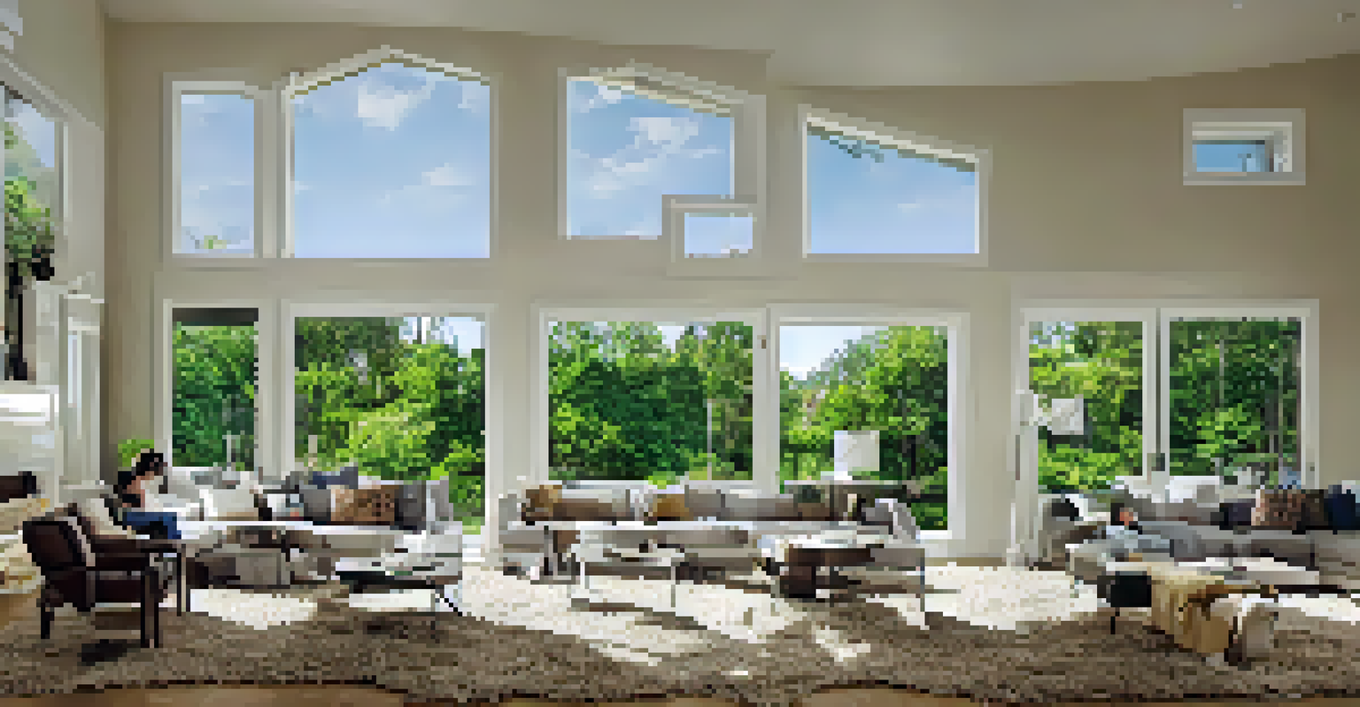 A spacious living room with a family enjoying time together, featuring a home office corner and large windows.