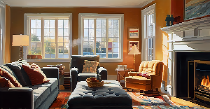 A family in a cozy living room checking smoke and carbon monoxide detectors, with sunlight streaming through windows.