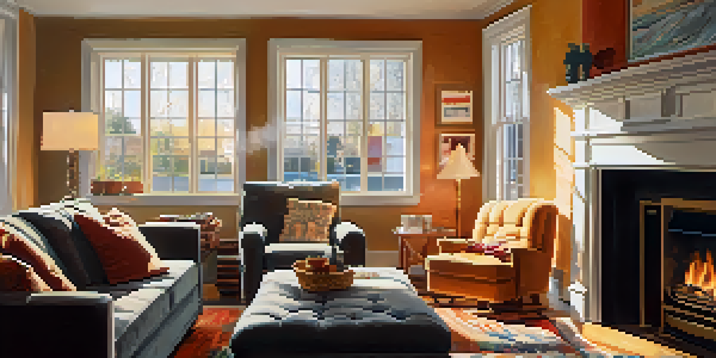 A family in a cozy living room checking smoke and carbon monoxide detectors, with sunlight streaming through windows.
