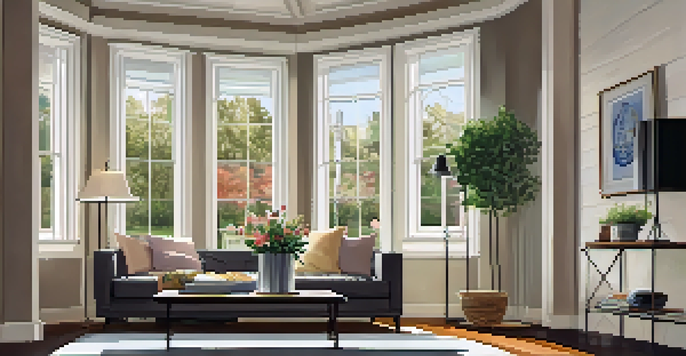 A bright and inviting living room with a sofa, coffee table, and sunlight through large windows.