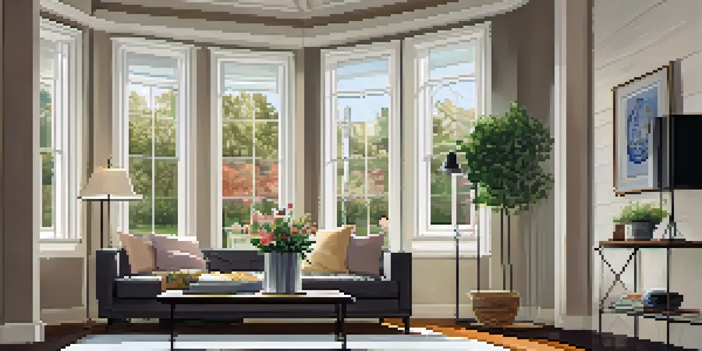 A bright and inviting living room with a sofa, coffee table, and sunlight through large windows.