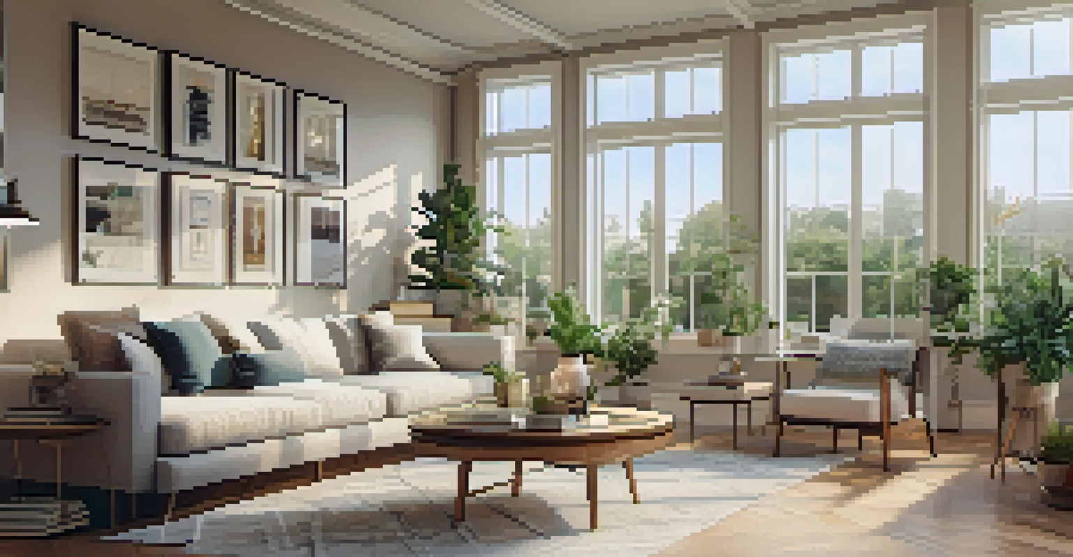 An open floor plan living area with a sofa, coffee table, and dining space, filled with natural light.