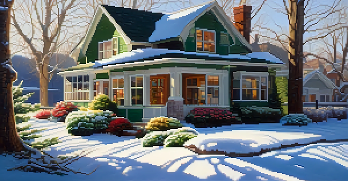 A warm and inviting south-facing home with large windows, surrounded by a snowy landscape and colorful flowers, illuminated by sunlight.
