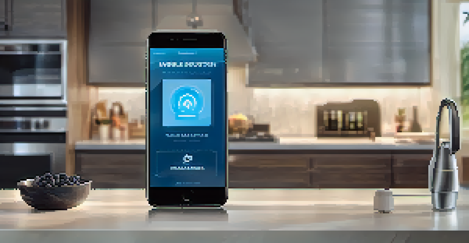 A smartphone in a stylish kitchen showing mobile alerts from a home security system, highlighting modern technology.