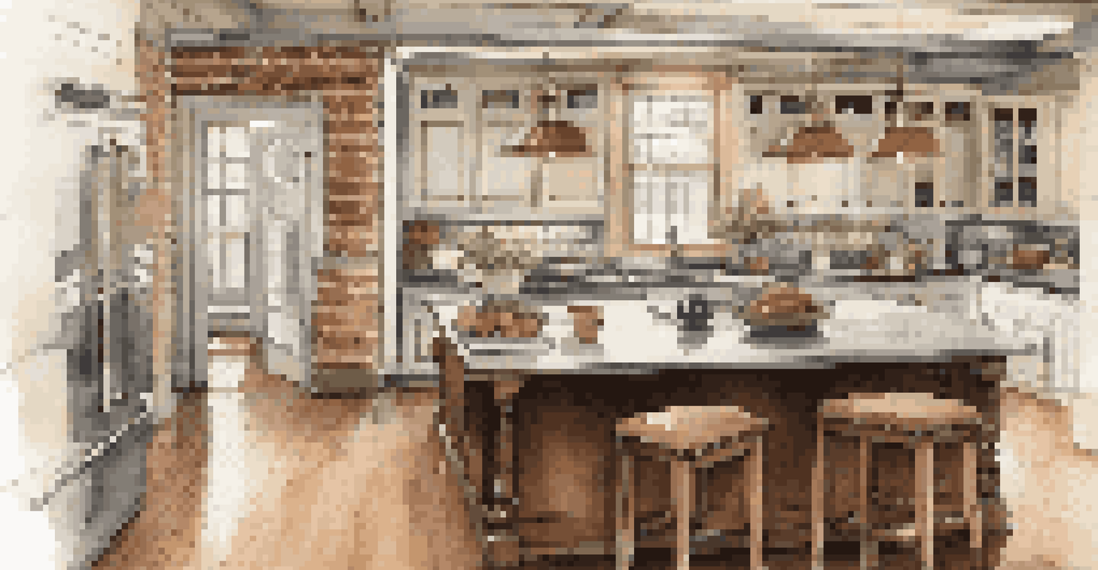 A historic kitchen that combines modern appliances with vintage cabinetry and exposed brick walls, featuring a large island and decorative light fixtures.