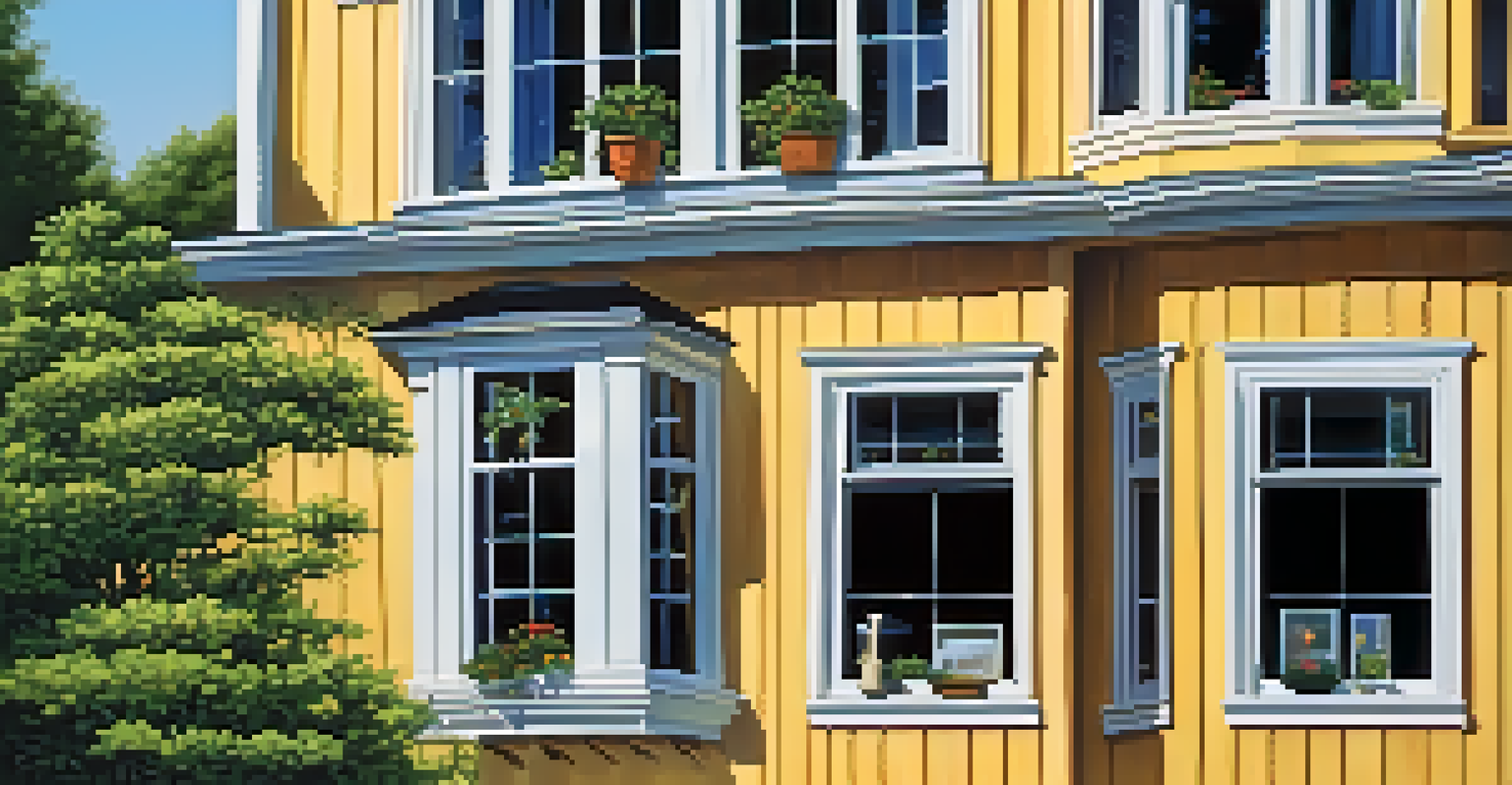 Different types of window locks on various windows of a suburban home against a blue sky.
