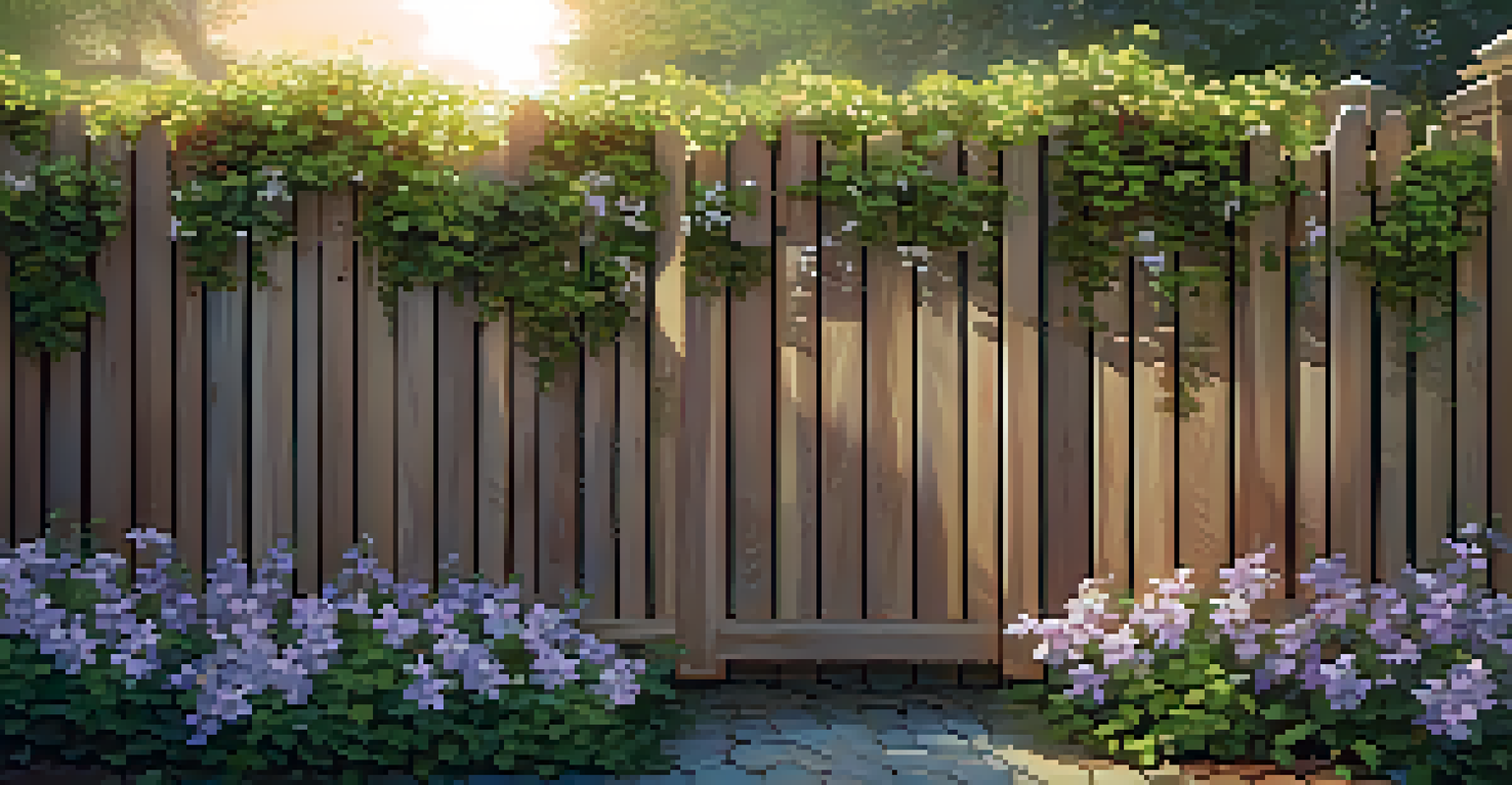 A stylish wooden fence with climbing plants creating a living wall, bathed in warm golden hour light.