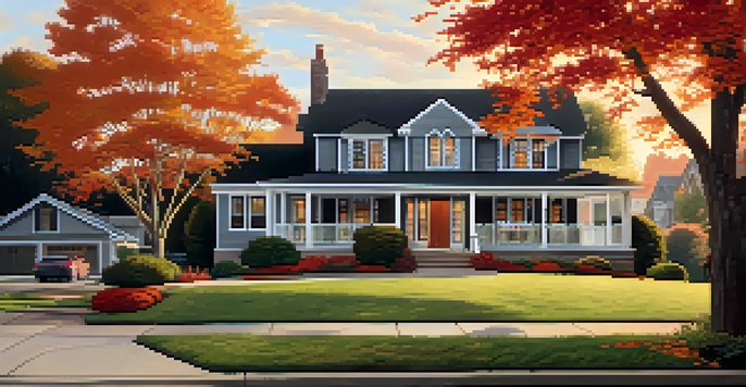 A cozy suburban home surrounded by colorful autumn trees at sunset.