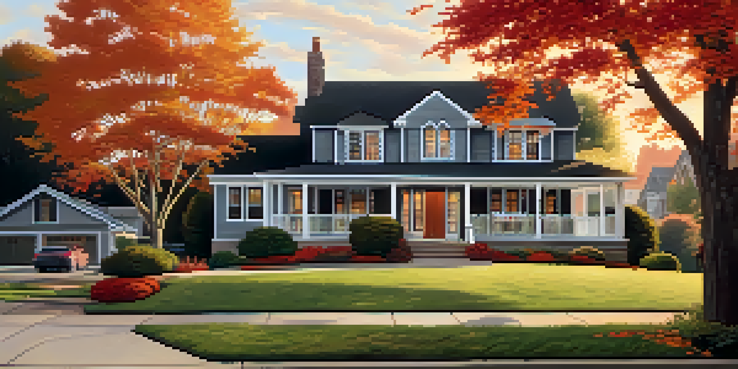 A cozy suburban home surrounded by colorful autumn trees at sunset.