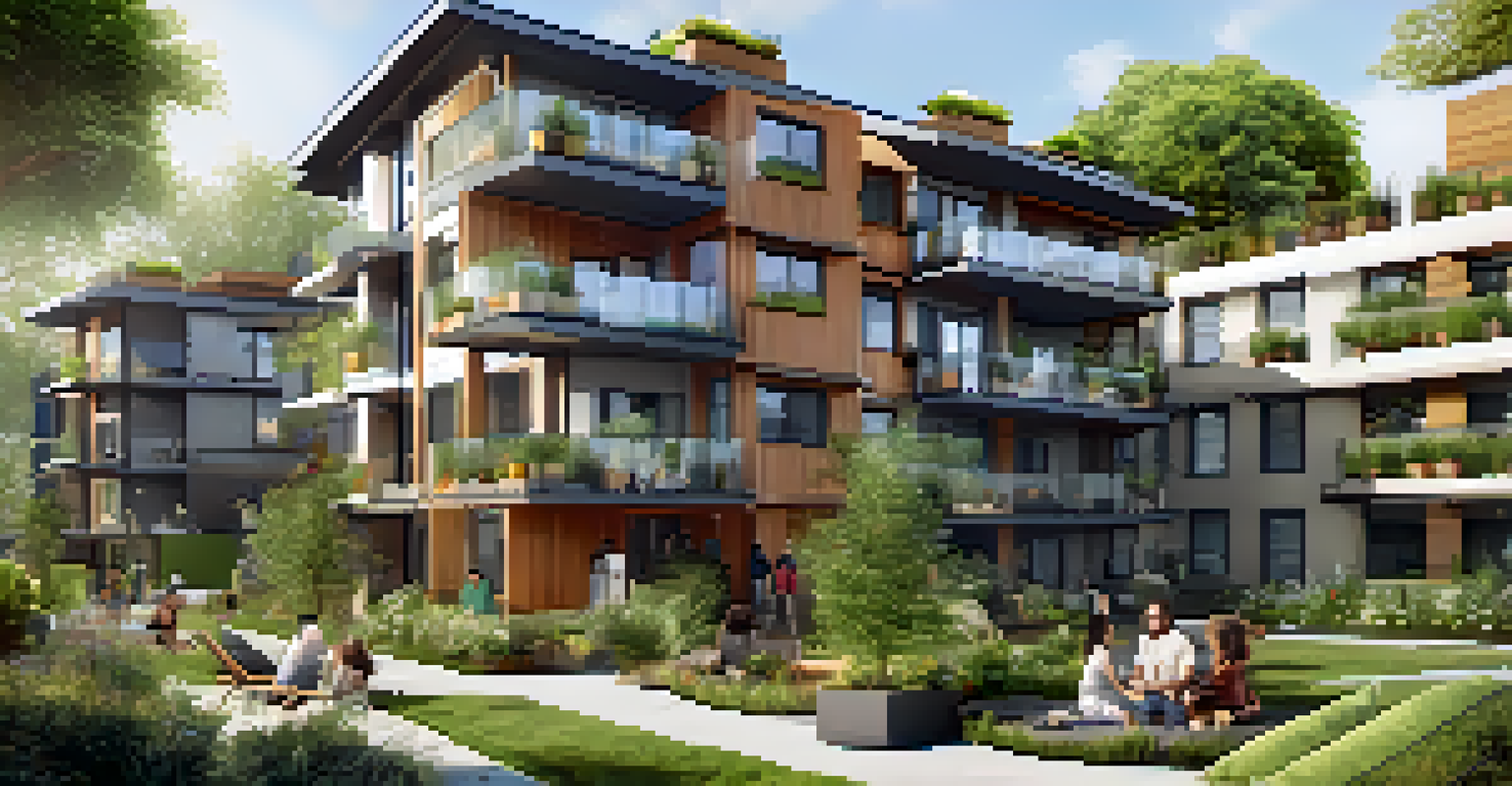 A sustainable apartment complex with solar panels, green landscaping, and happy tenants engaging in gardening and relaxing on balconies.