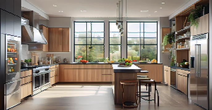 A modern kitchen showcasing a smart refrigerator with a touch screen and fresh produce on the counter, illuminated by natural light.