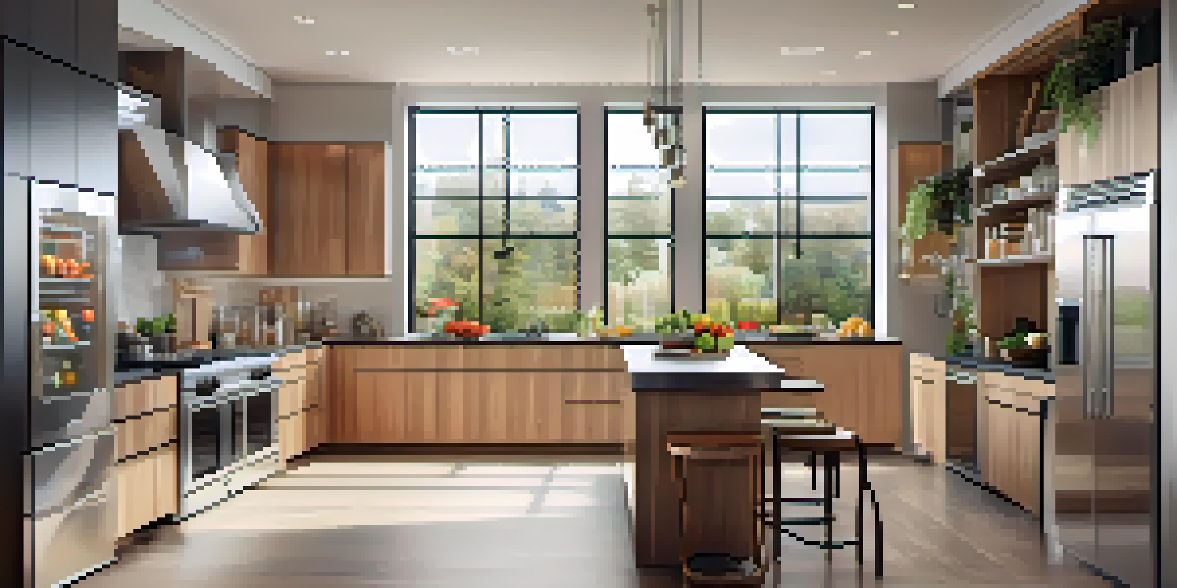 A modern kitchen showcasing a smart refrigerator with a touch screen and fresh produce on the counter, illuminated by natural light.