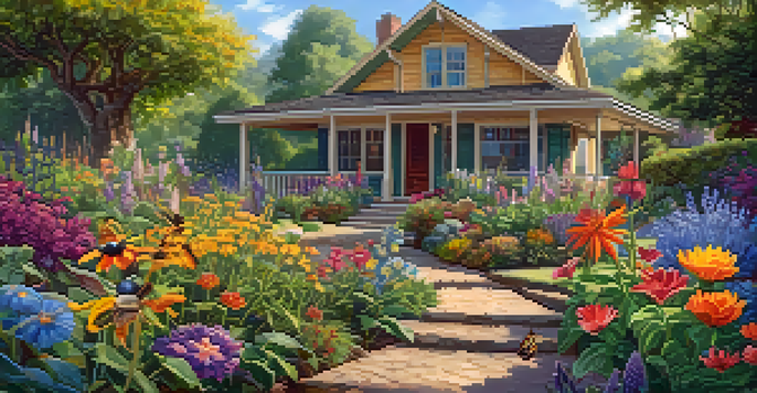 A colorful garden with native plants, butterflies, and bees, illuminated by sunlight, featuring a birdhouse.