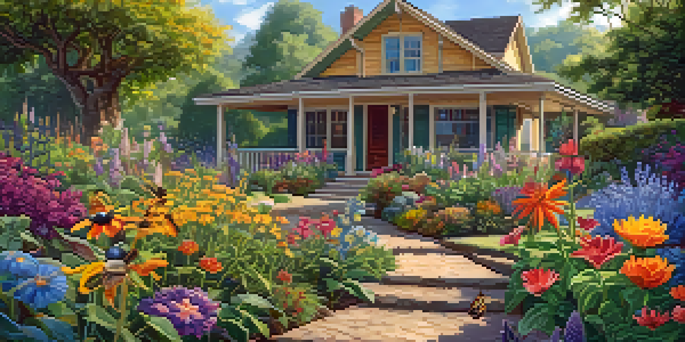 A colorful garden with native plants, butterflies, and bees, illuminated by sunlight, featuring a birdhouse.