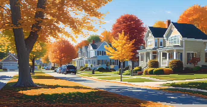A peaceful suburban neighborhood in autumn, featuring vibrant trees and happy families walking on the sidewalk.