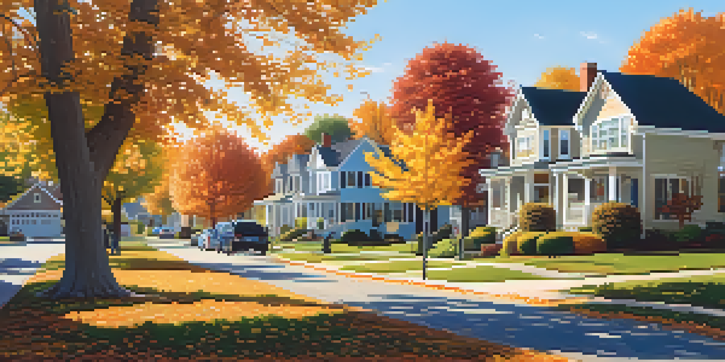 A peaceful suburban neighborhood in autumn, featuring vibrant trees and happy families walking on the sidewalk.