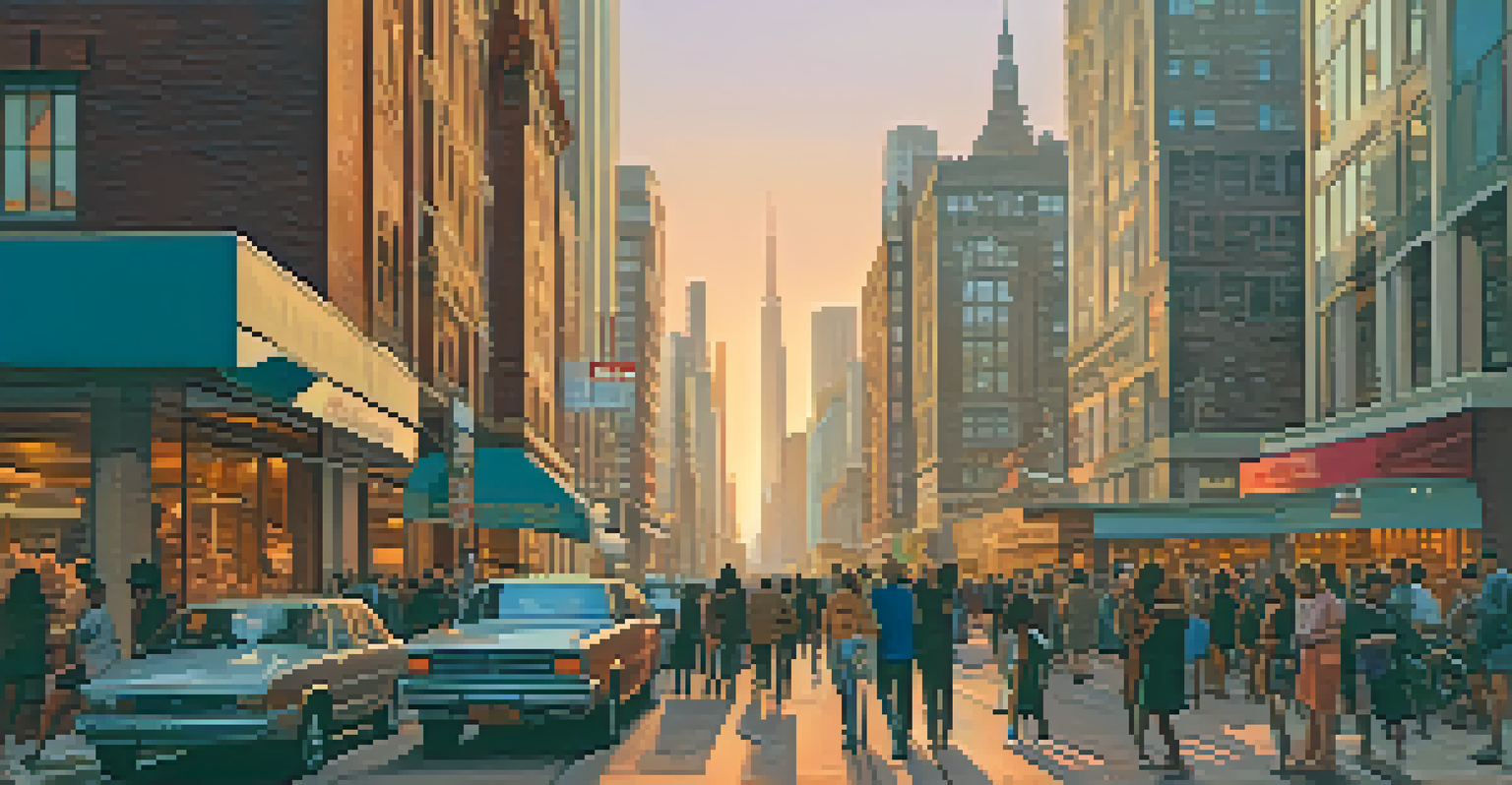 A busy urban street during sunset with people walking and a mix of modern and historic buildings.