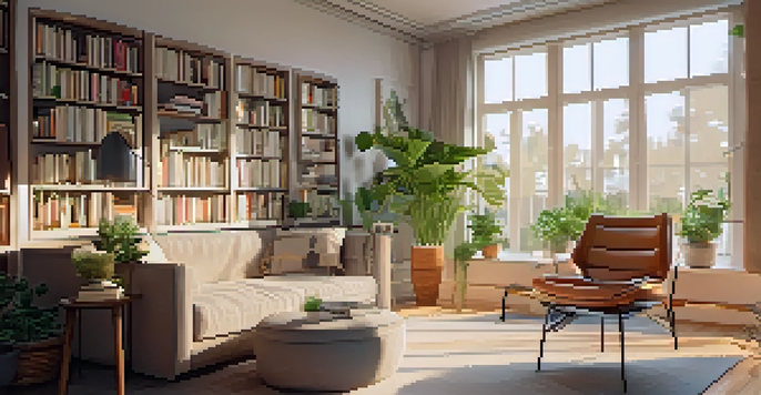 A warm and inviting small living room with layered lighting, showcasing a central ceiling light, a desk lamp, and LED strips on shelves, complemented by soft furniture and natural light.