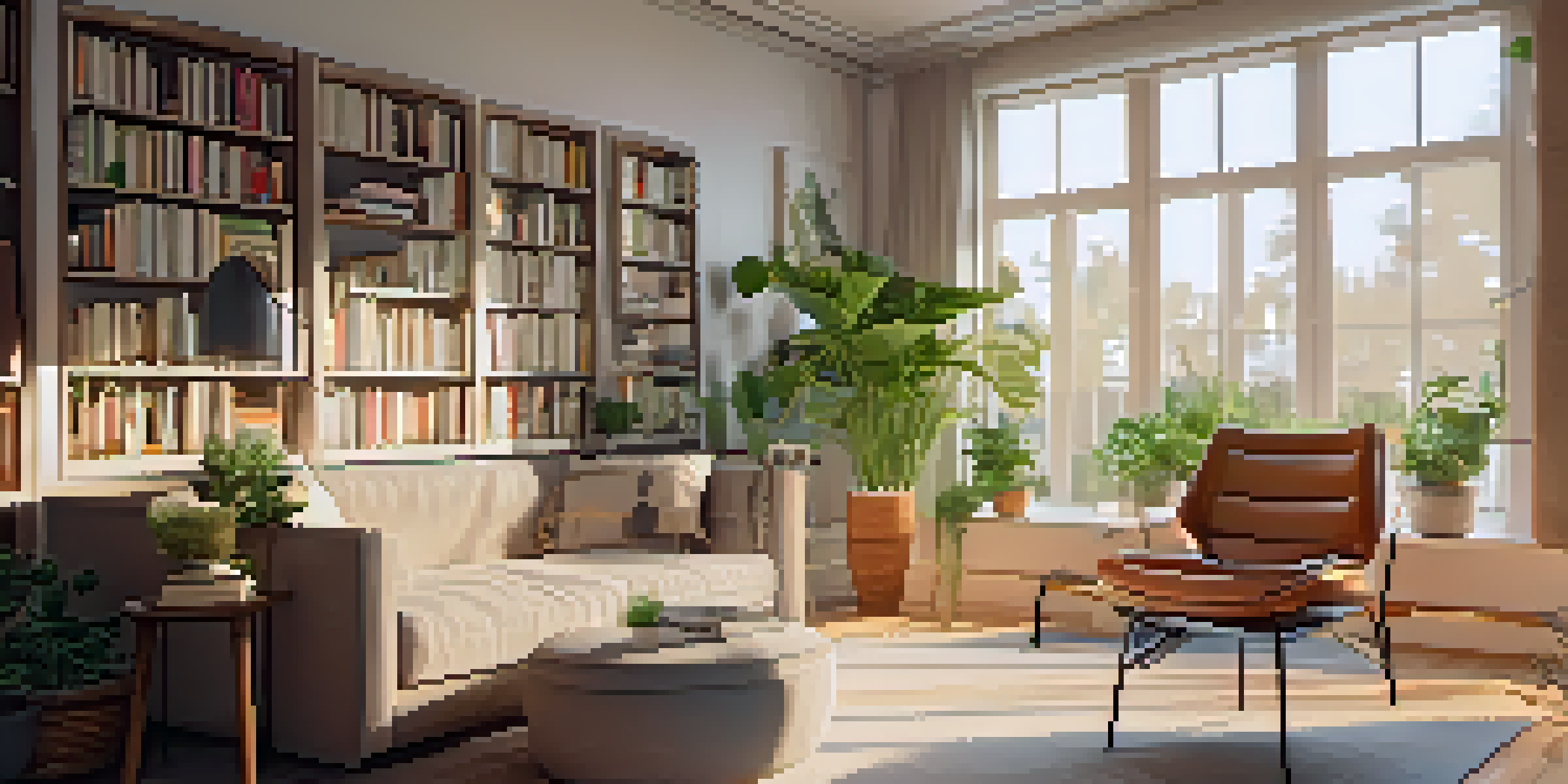 A warm and inviting small living room with layered lighting, showcasing a central ceiling light, a desk lamp, and LED strips on shelves, complemented by soft furniture and natural light.