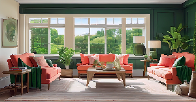 A cozy living room with a forest green wall, coral cushions on a beige sofa, and green plants on a wooden coffee table, illuminated by natural light.